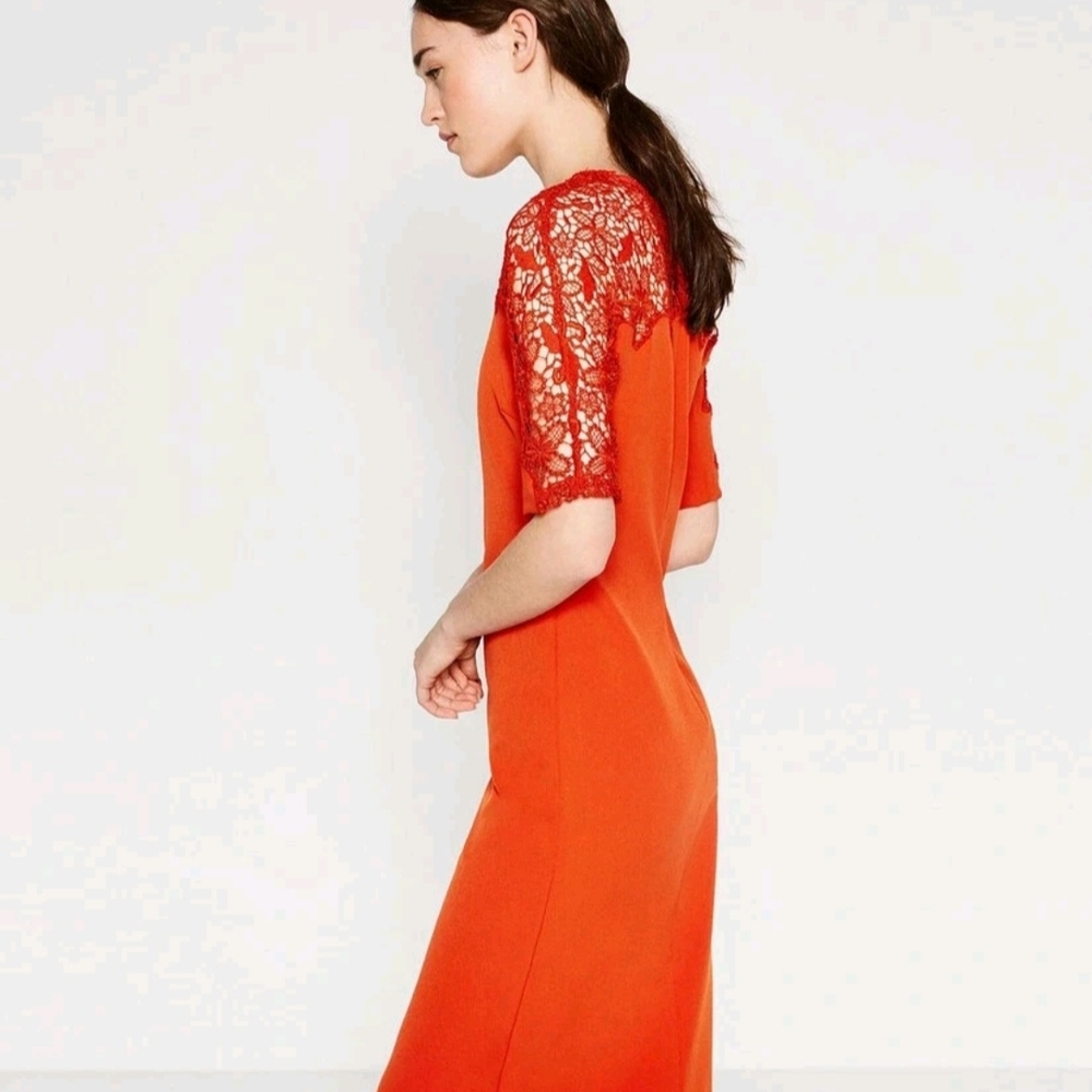 ZARA Midi Tube Dress With Floral Guipure Lace Detail Orange Red Medium
